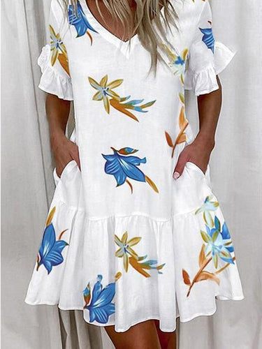 1752946 Abiti midi con scollo a V e scollo a V stampati con tasche a pieghe a contrasto di colore a vita alta a vita alta