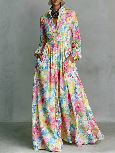 1780591 Long Sleeves Loose Buttoned Pleated Pockets Printed Stand Collar Maxi Dresses