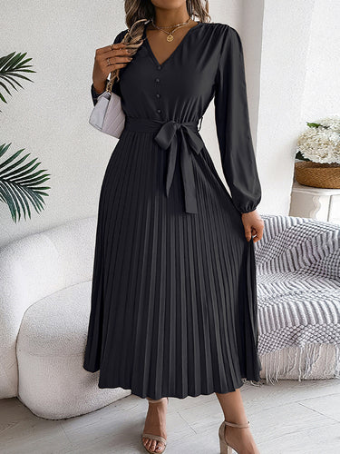 1713868 High Waisted Long Sleeves Belted Buttoned Pleated Solid Color V-Neck Maxi Dresses