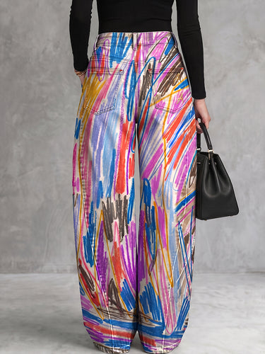 1778481 High Waisted Wide Leg Buttoned Hollow Pockets Printed Pants Trousers
