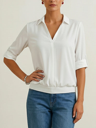 1733983 Half Sleeves Solid Color Split-Joint Lapel Blouses&Shirts Tops