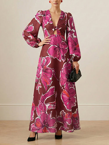 Elasticated Waist Long Sleeves Contrast Color Flower Print Hollow Split-Joint Twist Deep V-Neck Maxi Dresses