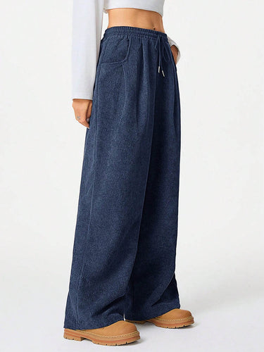 1734593 High Waisted Wide Leg Drawstring Elasticity Pockets Solid Color Pants Trousers