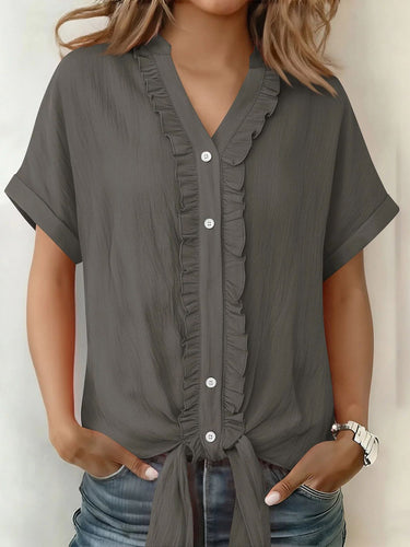 1774779 Loose Short Sleeves Buttoned Knot Ruffle Trim Solid Color V-Neck Blouses&Shirts Tops