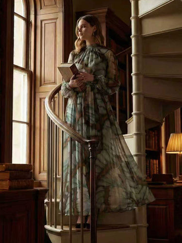Ballonmouwen Lange mouwen Grote zoom Contrasterende kleur Geplooide print Rits Opstaande kraag Maxi-jurken