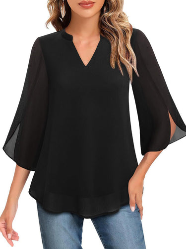 1764878 Half Sleeves Loose Solid Color V-Neck Blouses&Shirts Tops