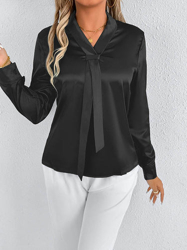 1728979 Long Sleeves Loose Solid Color Split-Joint Streamer Scarf Collar Blouses&Shirts Tops