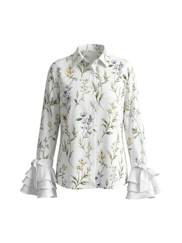 1781340 Long Sleeves Ruffle Sleeves Buttoned Flower Print Lapel Blouses&Shirts Tops