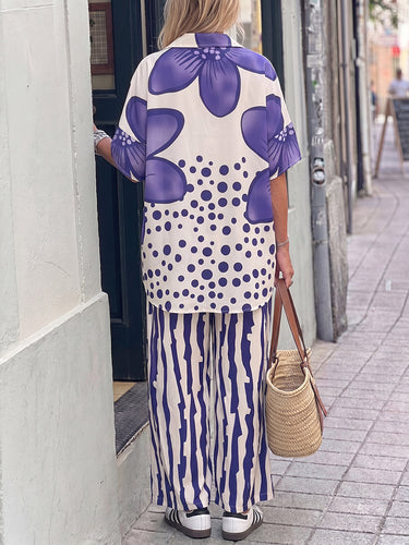 1781322 Half Sleeves Buttoned Flower Print Polka-Dot Lapel Blouses&Shirts Tops + High Waisted Pants Trousers Two Pieces Set