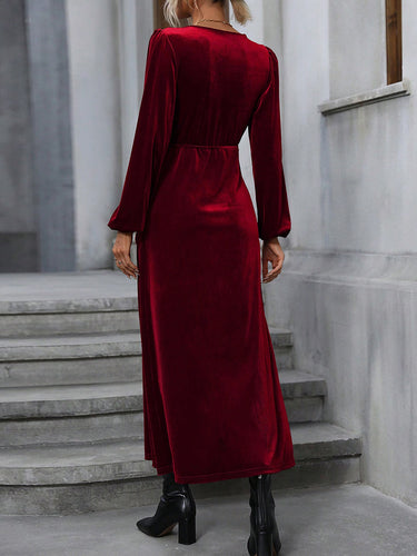 1737035 High Waisted Long Sleeves Solid Color Split-Side Tied Waist Velvet Deep V-Neck Maxi Dresses