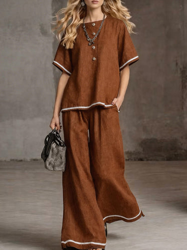 1776550 Loose Short Sleeves Buttoned Pockets Solid Color Round-Neck Blouses Top + Pants Bottom Two Pieces Set