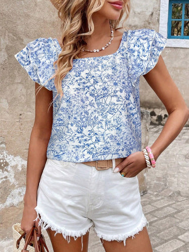 1777322 Blusa a maniche corte, senza schienale, con stampa floreale e fiocco sulla schiena, plissettata e scollo quadrato.&Stop