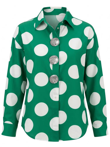 Blusas de manga comprida, estilo solto, com botões e lapela em cor contrastante com estampa de bolinhas.&Scamisas Tops