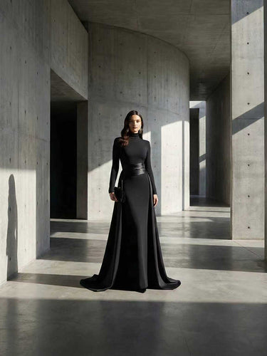 Bodycon Elasticated Waist Asymmetric Solid Color Split-Joint High Neck Maxi Dresses