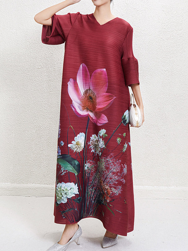 A-Line Loose Contrast Color Flower Print Pleated V-Neck Mini Dresses