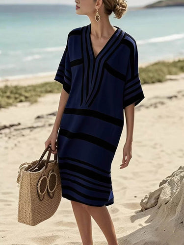 1782382 Half Sleeves Loose Contrast Color Split-Joint V-Neck Midi Dresses