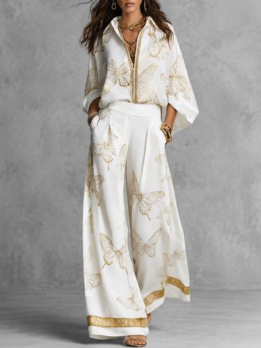 1781456 Long Sleeves Loose Butterfly Print Contrast Color Lapel Blouses&Shirts Tops