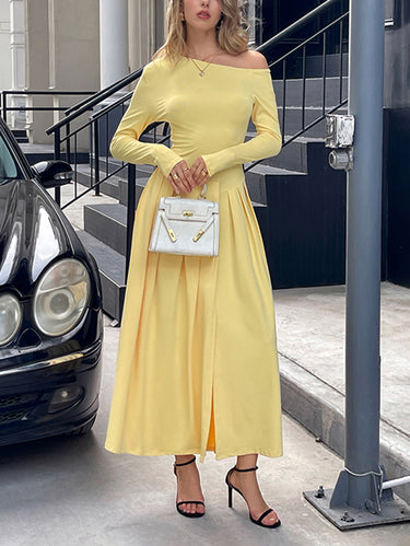 1731818 High Waisted Long Sleeves Pleated Solid Color Split-Front One-Shoulder Maxi Dresses