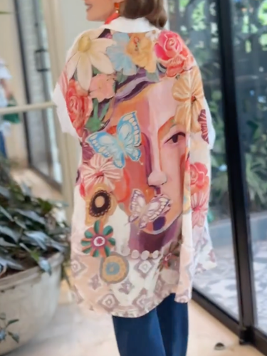 1788790 Split-Joint Flower Print Contrast Color Buttoned Butterfly Print Loose Long Sleeves Lapel Blouses&Shirts Tops