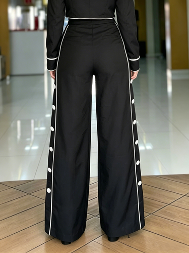 1777489 High Waisted Wide Leg Buttoned Contrast Color Line Pockets Pants Trousers