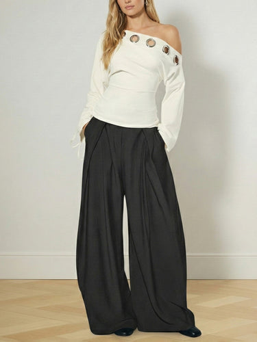 1730356 Long Sleeves Drawstring Hollow Pleated Solid Color Tied One-Shoulder T-Shirts