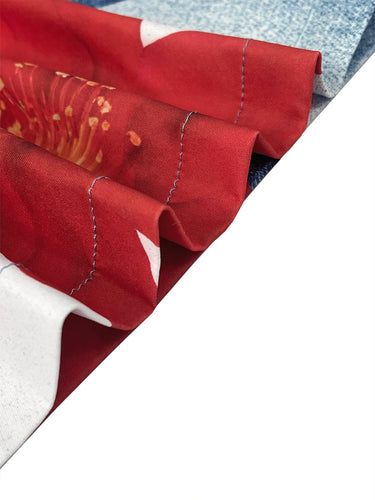 Gevşek geniş bacak çiçek baskısı jean pantolon dipler pantolon