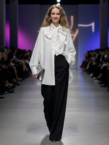 1756763 Long Sleeves Loose Bow-Embellished Buttoned Solid Color Bow Collar Blouses&Shirts Tops