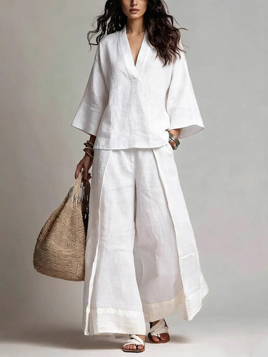 1775106 Conjunto de duas peças solto plus size cor contrastante com bolsos plissados ​​e decote em V