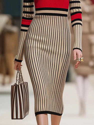 Long Sleeves Skinny Contrast Color Striped High Neck Midi Dresses Sweater Dresses
