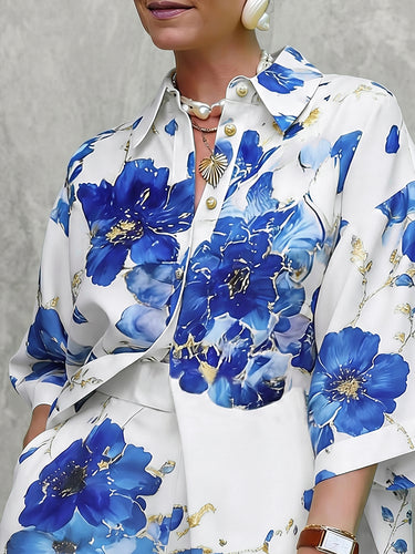Losse blouses met korte mouwen, knoopsluiting en bloemenprint op de revers.&Shirts Tops