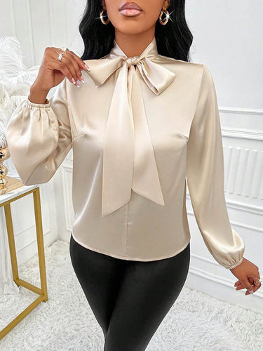 1729169 Long Sleeves Loose Bow-Embellished Pleated Solid Color Split-Joint Scarf Collar Blouses&Shirts Tops