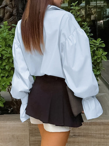 1751886 Flared Sleeves Long Sleeves Buttoned Pleated Solid Color Split-Joint Lapel Blouses&Shirts Tops