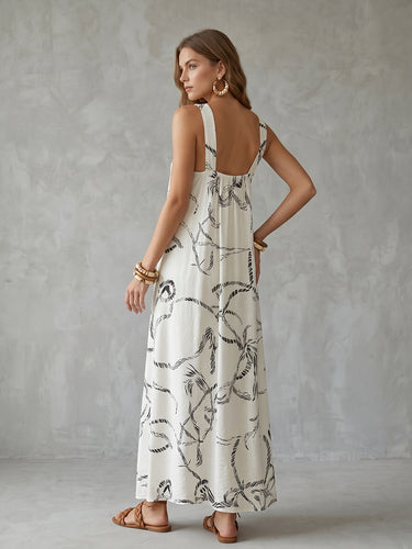1785142 A-Line Loose Backless Contrast Color Drawstring Printed Spaghetti-Neck Midi Dresses