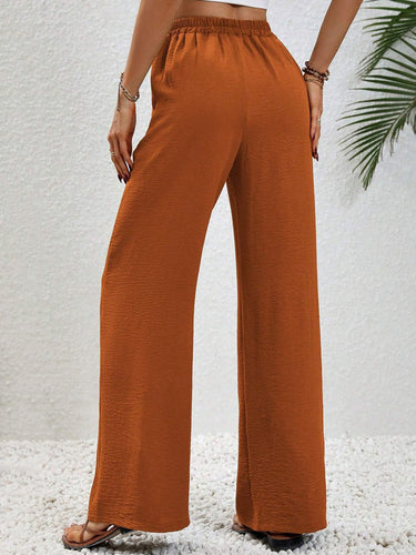 1747796 High Waisted Loose Elasticity Pleated Solid Color Tied Waist Pants Trousers