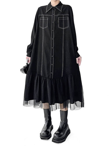 1726284 Irregularity Long Sleeves Asymmetric Buttoned Line Solid Color Split-Joint Lapel Midi Dresses Shirt Dress