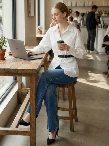 1750812 Long Sleeves Loose Belted Buttoned Contrast Color Split-Joint Lapel Blouses&Shirts Tops