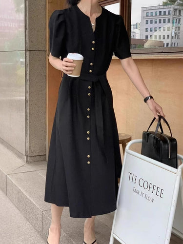 1784262 A-Line Loose Buttoned Solid Color Split-Joint Tied Waist V-Neck Midi Dresses