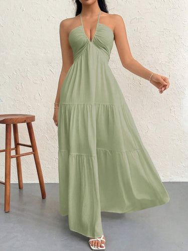 1777347 Corte en A Suelto Sin Espalda Plisado Color Sólido Dividido Escote Halter Midi Vestidos
