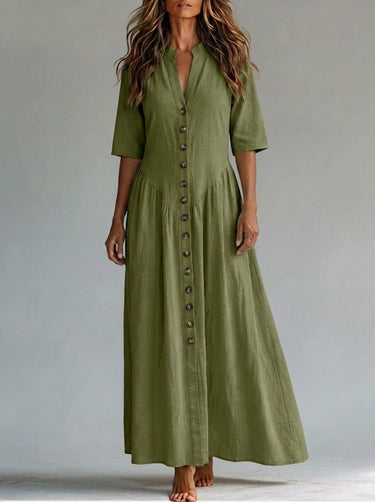 1785835 Half Sleeves Puff Sleeves Buttoned Pleated Solid Color Split-Joint Deep V-Neck Maxi Dresses
