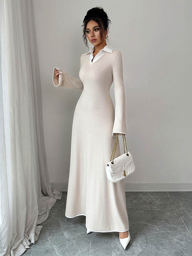 1731602 Bodycon False Two Ribbed Knit Split-Joint Lapel Maxi Dresses Sweater Dresses