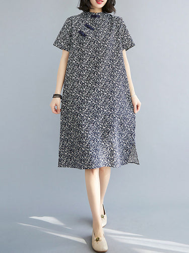 Artistic retro floral estampado impreso collar mangas cortas cheongsam midi vestido