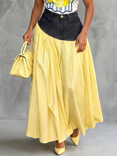 1779239 A-Line High Waisted Contrast Color Pleated Pockets Split-Joint Skirts Bottoms