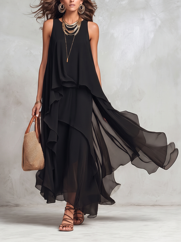Uoozee-official A-Line Loose Layered Solid Color Round-Neck Maxi Dresses Black / XL