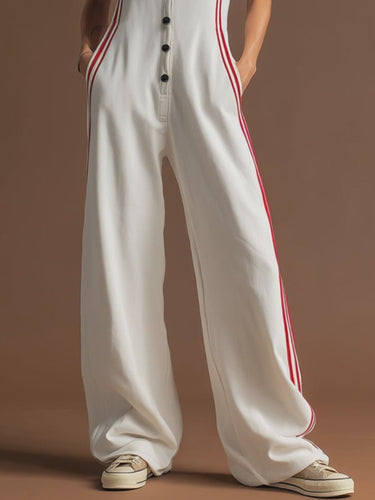 1777508 Loose Sleeveless Buttoned Pockets Striped Lapel Jumpsuits