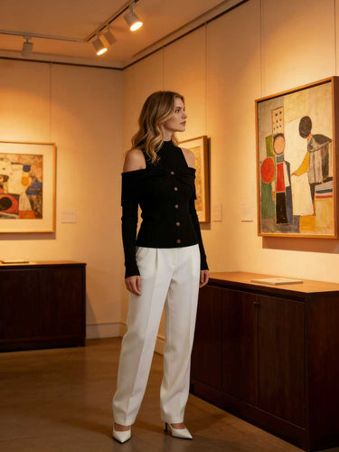 Long Sleeves Skinny Buttoned Pleated Ribbed Knit Cold Shoulder Knit Top