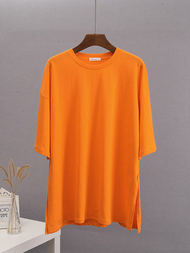 1784029 Loose Short Sleeves Solid Color Split-Side Round-Neck T-Shirts Tops