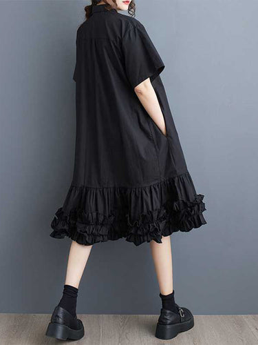 1770827 Half Sleeves Loose Buttoned Pleated Ruffled Solid Color Lapel Midi Dresses Shirt Dress