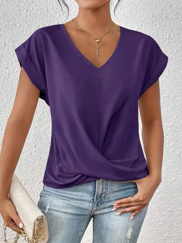1768303 Loose Plus Size Pleated Solid Color V-Neck T-Shirts Tops