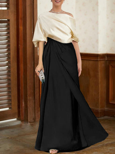 ハーフスリーブルーズリスの非対称コントラスト色プリーツスプリットジョイントワンショルダーイブニングドレスマキシドレス