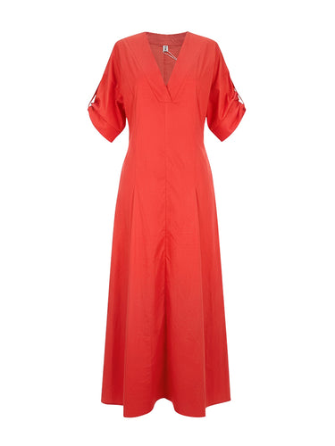 A-Linie, hoch tailliert, plissiert, einfarbig, V-Ausschnitt, Maxikleid, Hemdblusenkleid